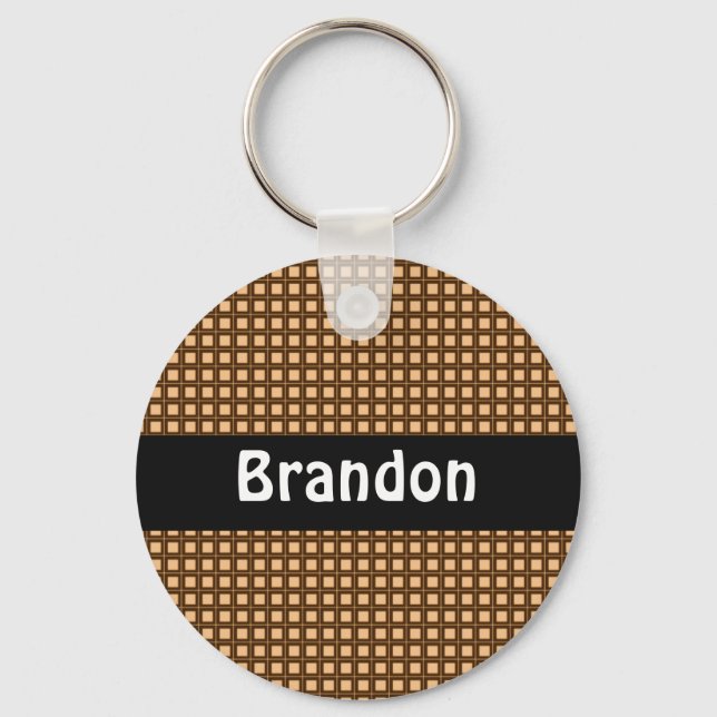 Caramel Chequered Pattern Personalised Keychain (Front)