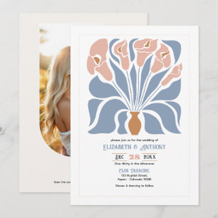 Caramel & Dusty Blue Abstract Floral Boho Wedding Invitation