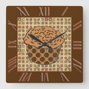 Caramel Frosted Cupcake with Sprinkles Square Wall Clock