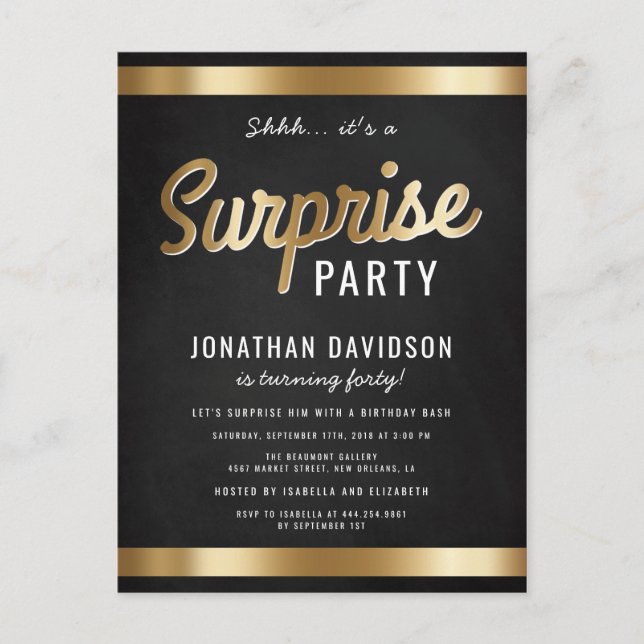 Caramel Gold and Black Surprise Birthday Party Invitation Postcard (Front)
