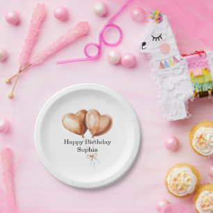 Caramel Heart Balloons Birthday Paper Plate