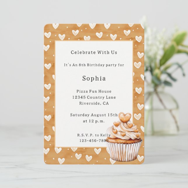 Caramel Hearts Cupcake Birthday   Invitation (Standing Front)