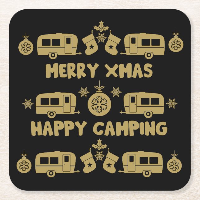 Caravan Happy Christmas Camping   Square Paper Coaster (Front)