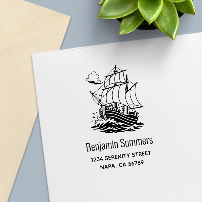 Caravel Wooden Sailing Ship Custom Address Self-inking Stamp (Creator Uploaded)
