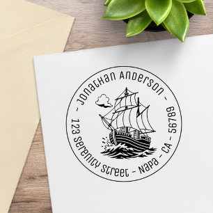 Caravel Wooden Sailing Ship Round Address Rubber Stamp