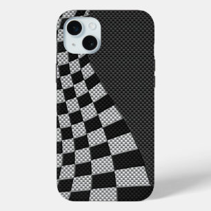 Carbon Fiber Style Racing Flag Wave Print iPhone 15 Mini Case