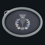 Carbon Fibre Print Silver Scottish Thistle Belt Buckles<br><div class="desc">A silver chrome like Scottish thistle applique design on a racy navy blue carbon fibre style print background. Embroidery designs are available in a selection of popular colour options. Use the "Ask this Designer" link to contact us with your special design requests or for some assistance with your customisation project....</div>