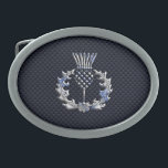 Carbon Fibre Print Silver Scottish Thistle Belt Buckles<br><div class="desc">A silver chrome like Scottish thistle applique design on a racy navy blue carbon fibre style print background. Embroidery designs are available in a selection of popular colour options. Use the "Ask this Designer" link to contact us with your special design requests or for some assistance with your customisation project....</div>