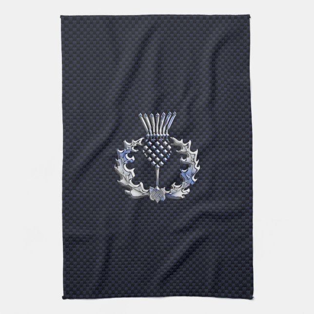 Carbon Fibre Print Silver Scottish Thistle Tea Towel (Vertical)