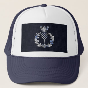 Carbon Fibre Print Silver Scottish Thistle Trucker Hat