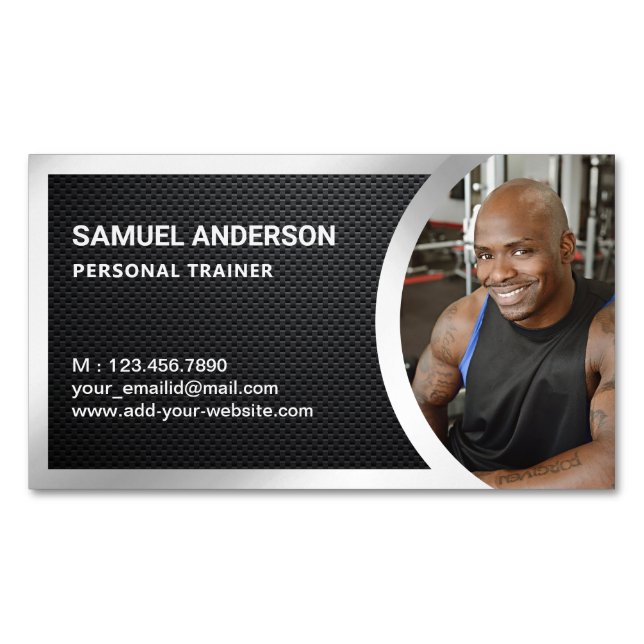 Carbon Fibre Silver Fitness Personal Trainer Photo Magnetic Business Card (Front)