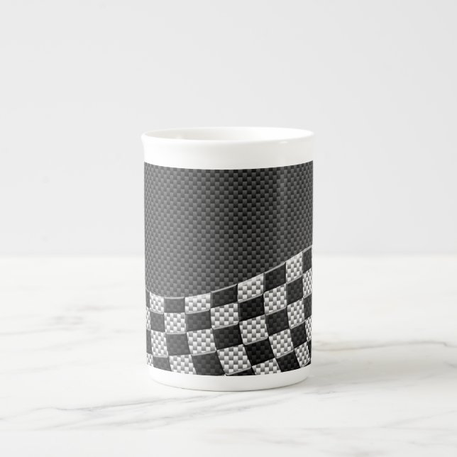 Carbon Fibre Style Chequered Racing Flag Wave Bone China Mug (Front)