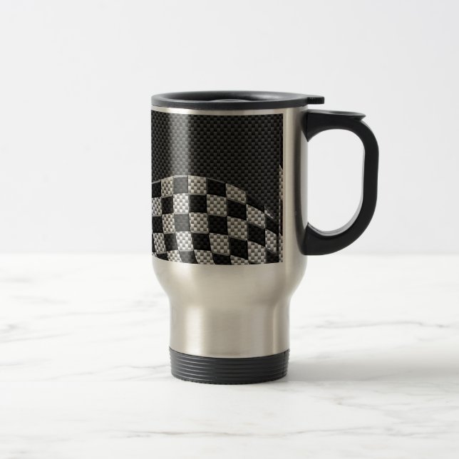 Carbon Fibre Style Chequered Racing Flag Wave Travel Mug (Right)