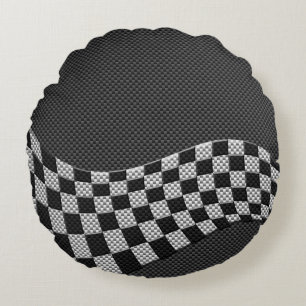 Carbon Fibre Style Racing Flag Checkers Wave Print Round Cushion