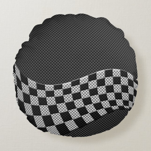 Carbon Fibre Style Racing Flag Checkers Wave Print Round Cushion (Front)