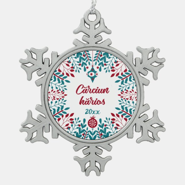 Cărciun hărios, Aromanian Vlach Christmas Greeting Snowflake Pewter Christmas Ornament (Front)