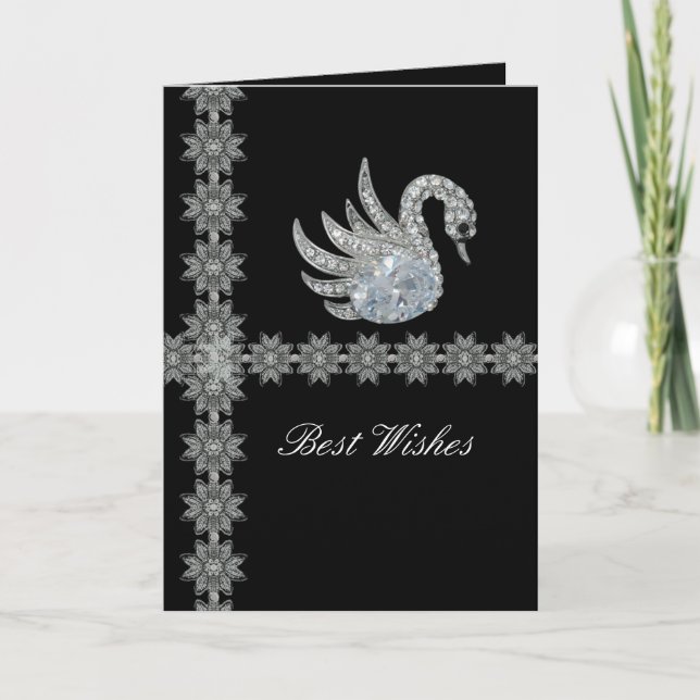 Card Black Lace Diamond Swan Best Wishes Birthday (Front)