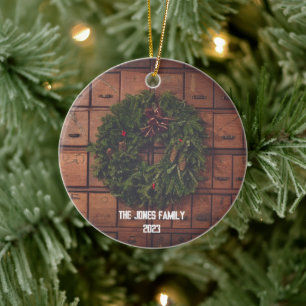 Card Catalogue Wreath Personalised Family Name Ceramic Tree Decoration