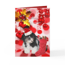 Card Christmas Xmas Dog Shitzu Puppy Hat Hearts