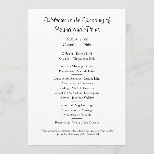 Card/Downloadable Simple One-Sided Wedding Program Invitation (Front)