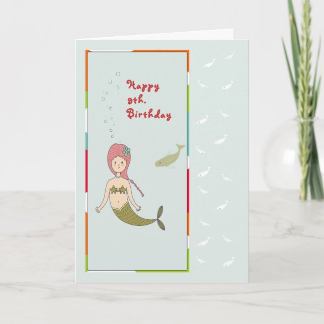 Card for a 9th Birthday with a Mermaid and Fish (Front)