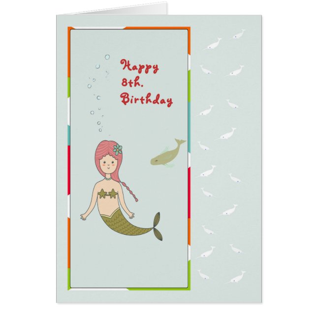 Card for an 8th Birthday with Mermaid and Fish (Front)
