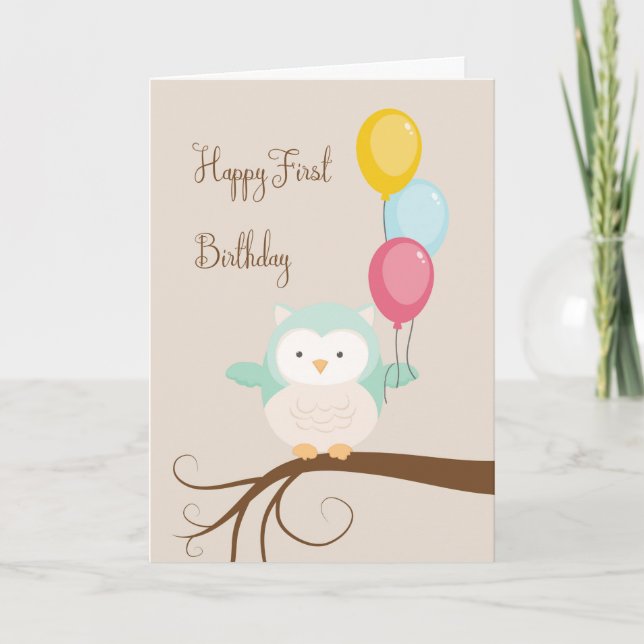 Card for First Birthday with Owl and Balloons (Front)