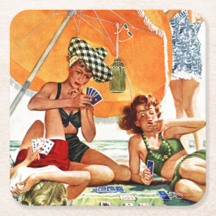 Card Game at the Beach by Alex Ross Square Paper Coaster