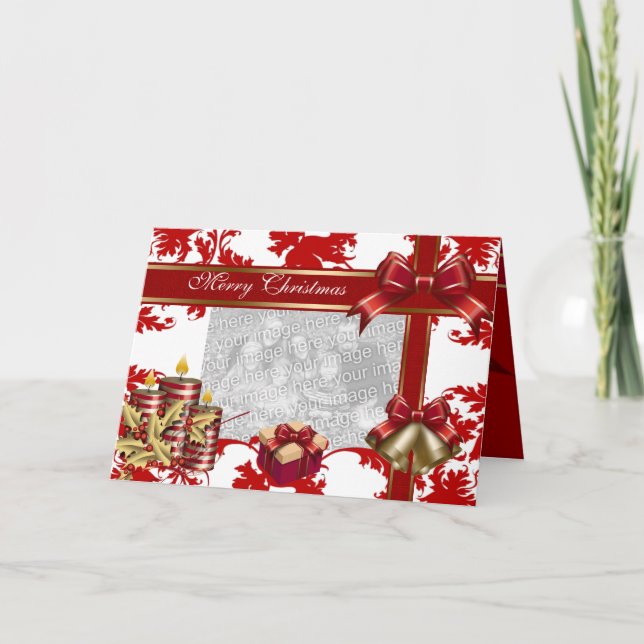 Card Merry Xmas Add Photo Red White Christmas (Front)