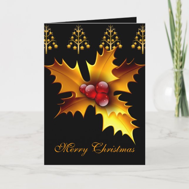 Card Merry Xmas Black Red Gold Holly Christmas (Front)