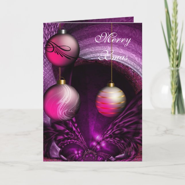 Card Merry Xmas Plum Pink Balls (Front)