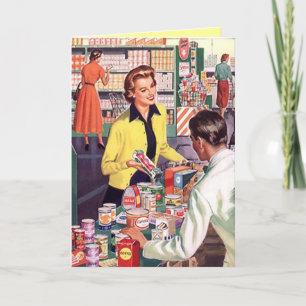 Card w/ Happy Lady at Check-out Grocery Store