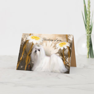 Card White Puppy Dog Flowers "Thinking of you"