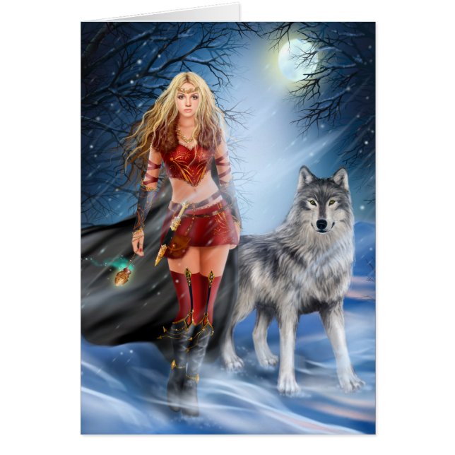 Card Winter Warrior Princess and  wolf (Front)
