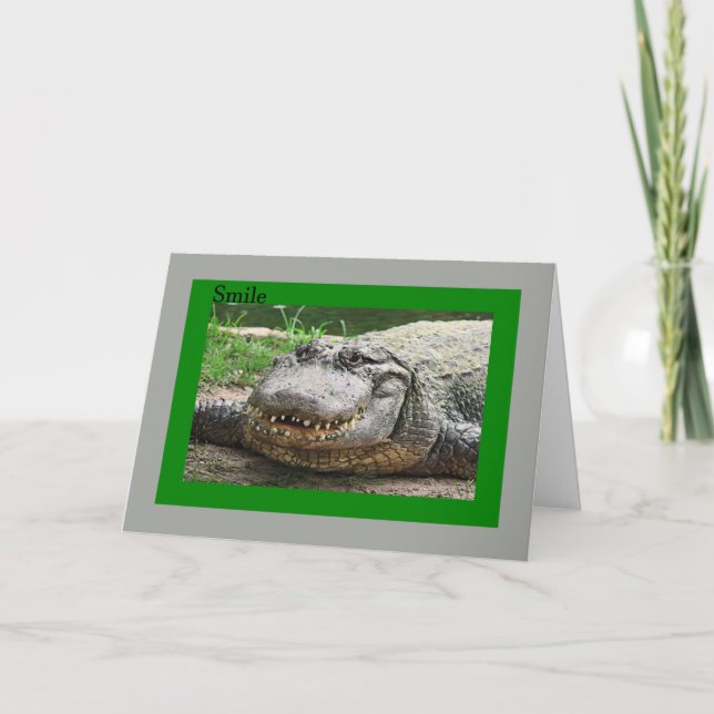 Card with Smiling Alligator, Just Beat Cancer (Front)