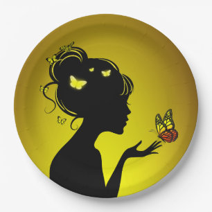 Cardboard plates The woman yellow butterflies