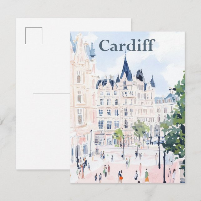 Cardiff Wales Watercolor Painting Travel Postcard (Front/Back)