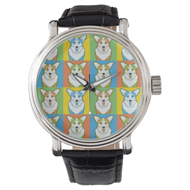Cardigan Welsh Corgi Dog Cartoon Pop-Art Watch (Front)