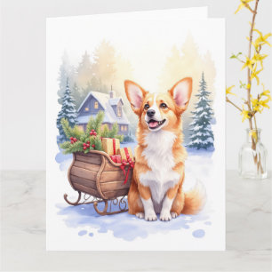 Cardigan Welsh Corgi Festive Sleigh Christmas Art Card