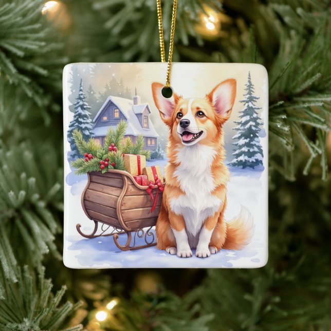 Cardigan Welsh Corgi Festive Sleigh Christmas Art Ceramic Ornament (Tree)