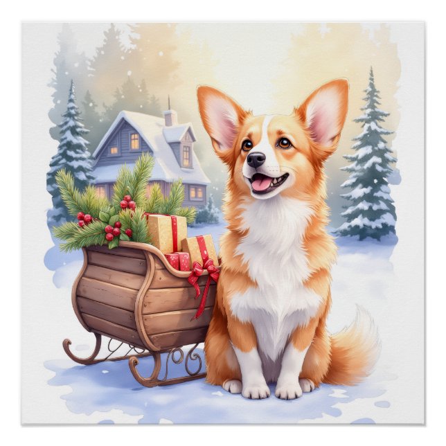 Cardigan Welsh Corgi Festive Sleigh Christmas Art Poster (Front)