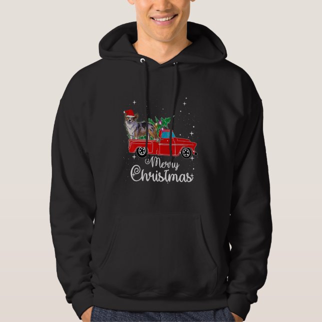 Cardigan Welsh Corgi Ride Red Truck Christmas Hoodie (Front)