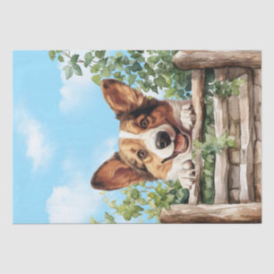 Cardigan Welsh Corgi Watercolor Dog Peeking Over F Tissue Paper