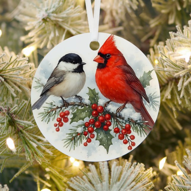 Cardinal and Chickadee Christmas Ornament Bird (Insitu)