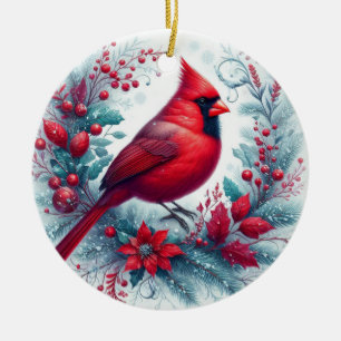 Cardinal and Christmas Holly Ceramic Tree Decoration