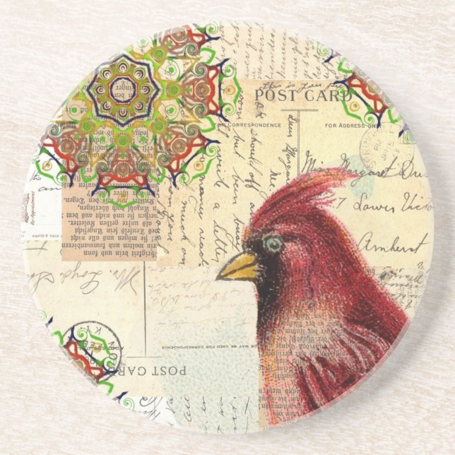 Cardinal and Ephemera Collage Coaster (Front)