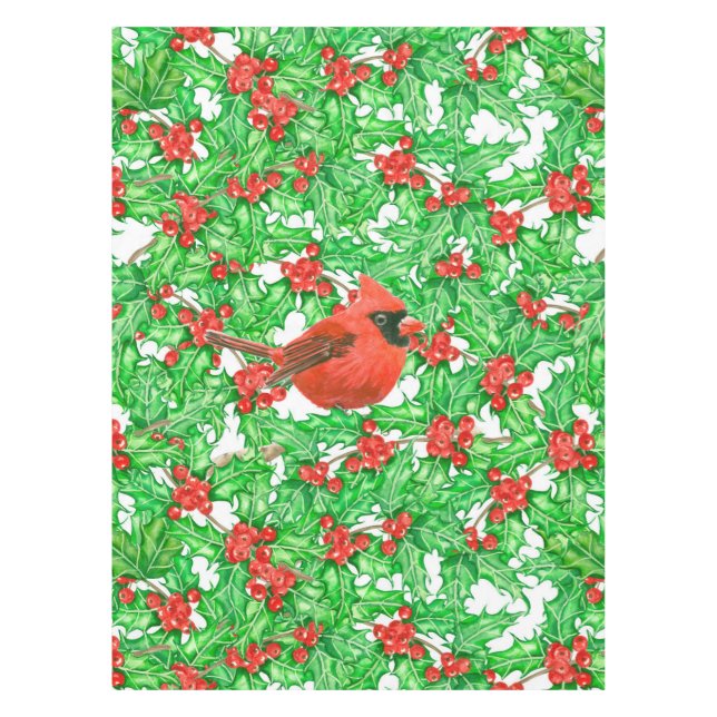 Cardinal and holly berry watercolor pattern tablecloth (Front)