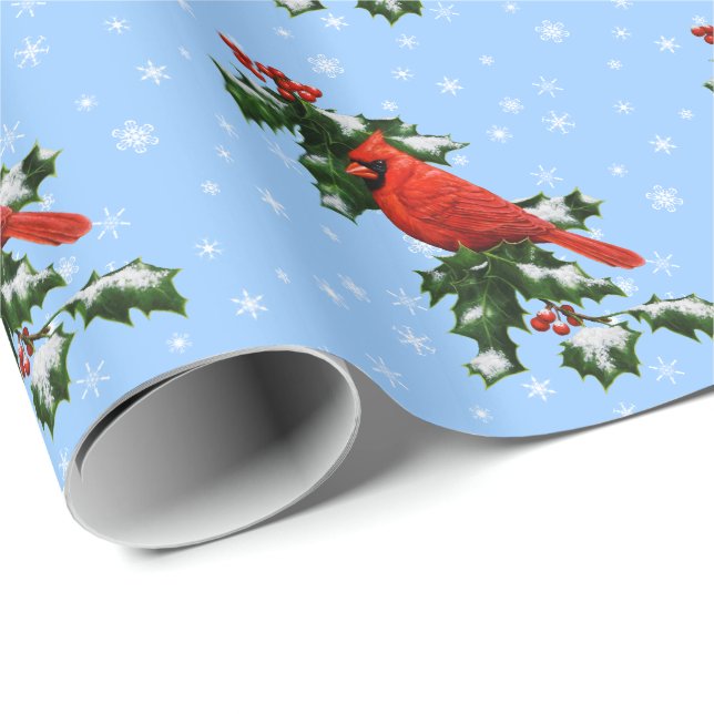 Cardinal and Holly Snowflakes Wrapping Paper (Roll Corner)