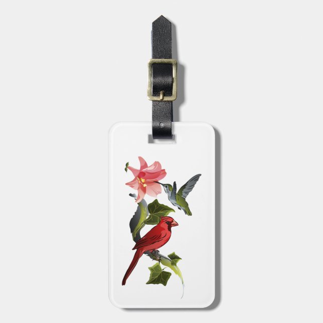 Cardinal and Hummingbird Pink Lily Personalised Luggage Tag (Front Vertical)