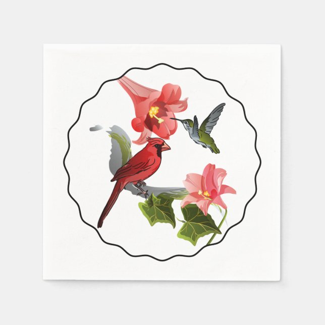 Cardinal and Hummingbird with Pink Lily and Ivy Napkin (Front)